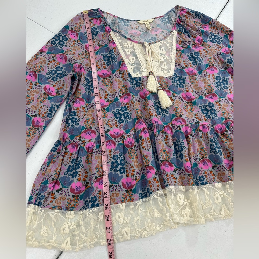 Matilda Jane Sew Perfect Floral Peasant Blouse Lace Tassel Boho Cottage Top L - Picture 6 of 10
